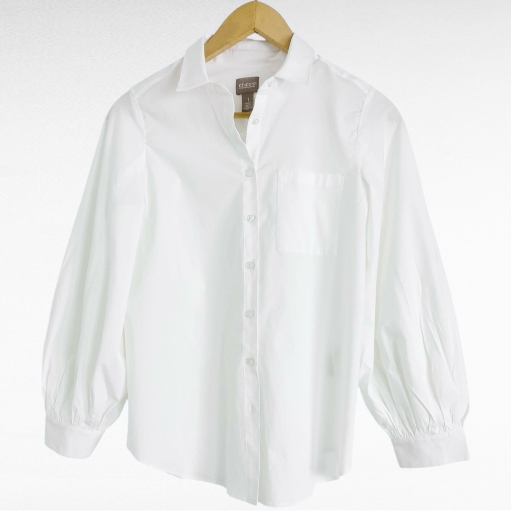 Chico’s | Crisp White Elegant Point Collar Long Puffed Sleeve Button Down Shirt - Picture 4 of 4